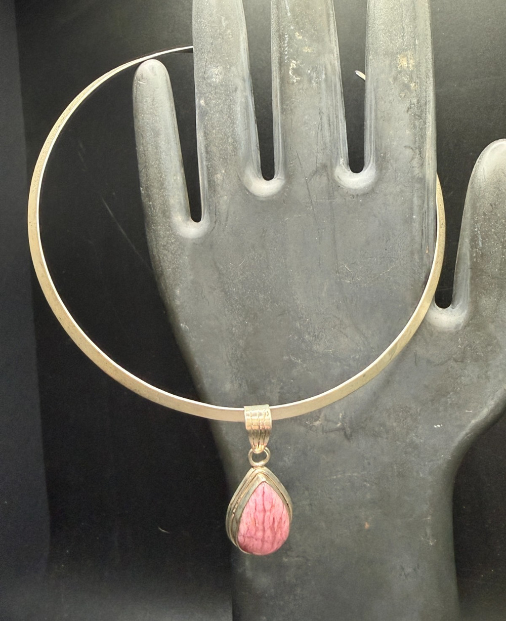 Vintage HAN 925 Sterling Silver Choker Collar Pink Rhodochrosite Pendant Set